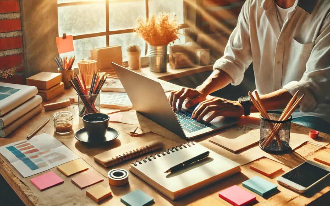 Un entrepreneur concentré dans un espace de travail minimaliste, symbolisant les premières étapes pour lancer un business rentable, entouré d'outils de création comme des notes autocollantes et un ordinateur portable, dans une ambiance lumineuse et motivante.