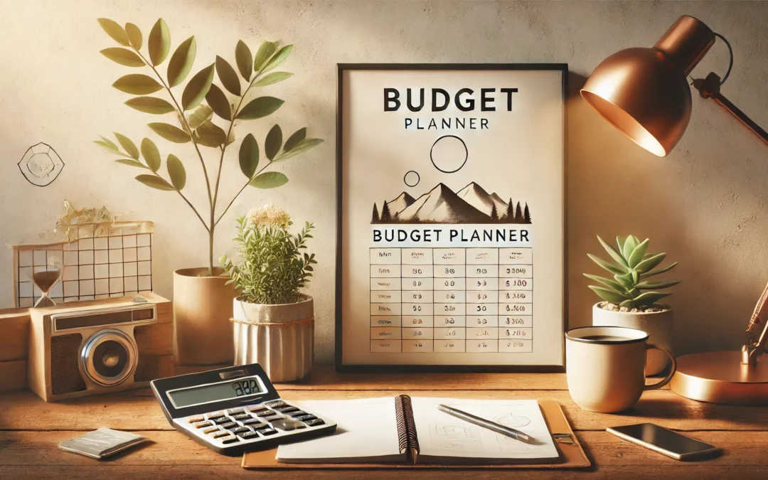 Un espace de travail minimaliste avec un carnet de budget, une calculatrice, une tasse de café et des plantes en arrière-plan, symbolisant la simplicité et la gestion financière